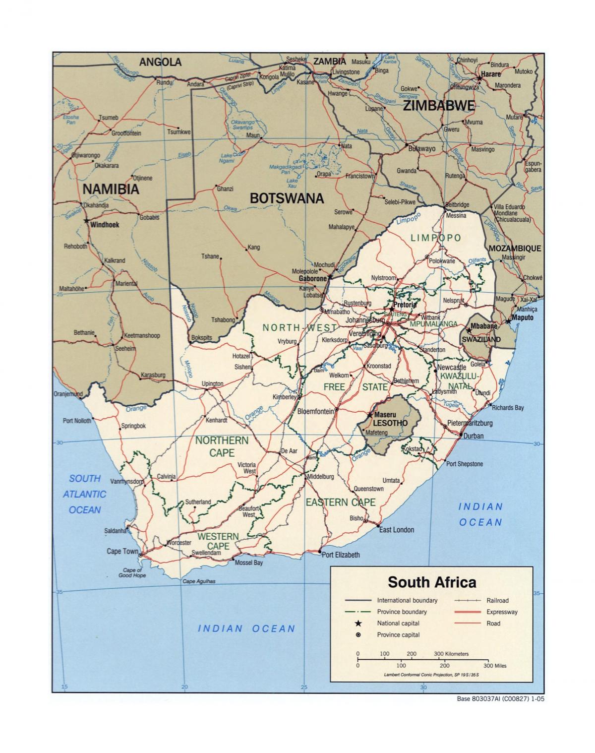 Карта Южной Африки с основными городами
