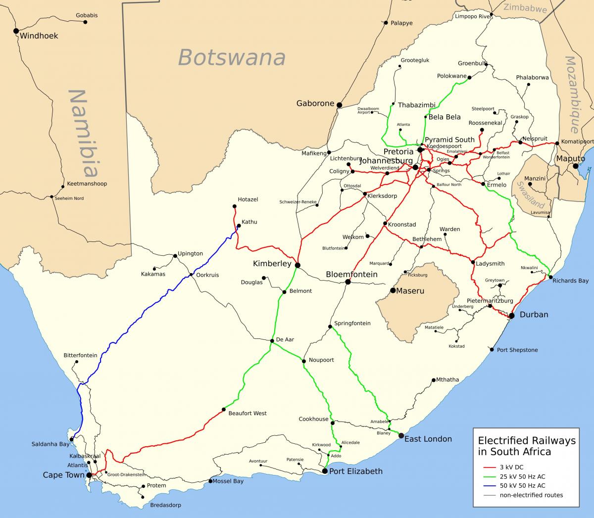 карта железнодорожных линий Южной Африки